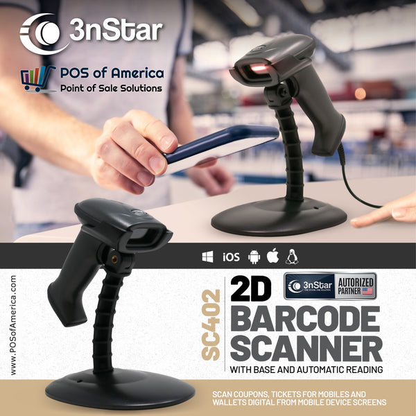 3nStar 2D Handheld Barcode Scanner with Base and Autosense (SC402)